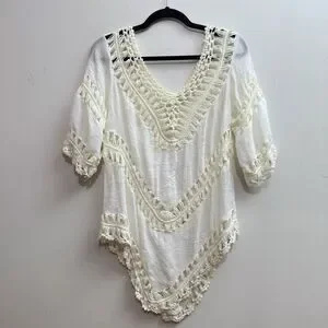 Women’s Large Cream Boho Crochet Hi Low Pullover Cover Up Beach